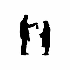 Silhouette of lab sample collector handing urine sample container to patient isolated on white background