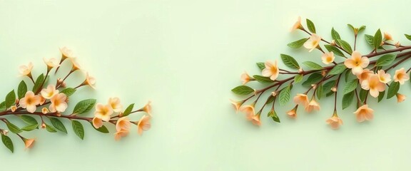 Light mint green wallpaper with tiny peach flowers and green leaves,  wallpaper texture,  peaceful