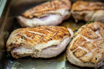 Roasted duck breast fillets closeup