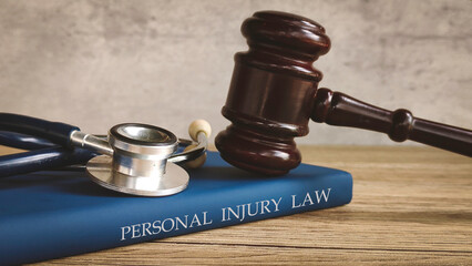 Gavel and stethoscope on a book titled "PERSONAL INJURY LAW," symbolizing legal action for medical issues.