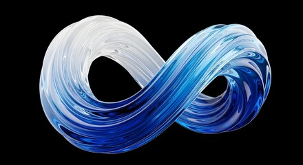Photorealistic 3D render of a flowing, liquid glass sculpture. The form is an abstract, cybernetic loop with a pristine gradient from brilliant white through electric light blue into a rich sapphire b