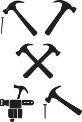Black and White Hammer Silhouette Set | Claw Hammer Poses, Crossed Tools, Toolbelt & Hammer with Nail
