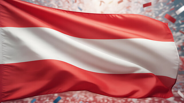 Austrian flag waving in the wind with confetti in the background