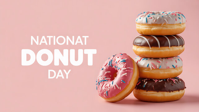 National Donut Day celebration with colorful frosted donuts stacked on a pink background