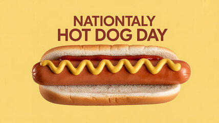 A hot dog with mustard and ketchup on a bun, celebrating National Hot Dog Day against a yellow background