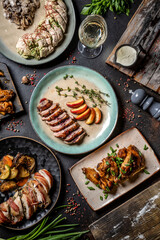 Gourmet dinner assortment with meat dishes