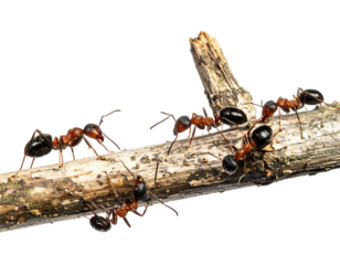 Close-up of several ants on a twig