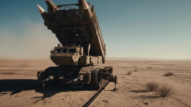 Military rocket launcher system in the desert with missile ready on vehicle technology.