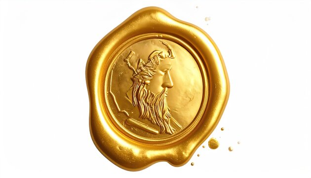 Golden wax seal depicting a bearded, helmeted figure in profile, set against a white background with drips of melted wax