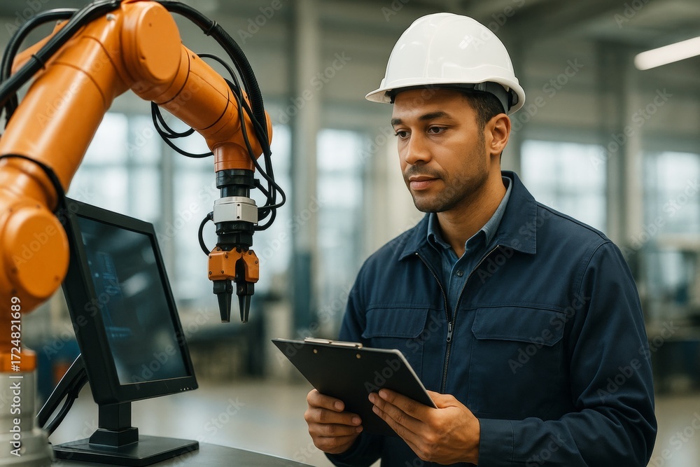 Poster engineer monitoring robotic arm system using tablet in modern factory. industrial automation concept