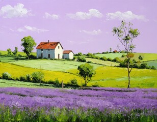 rural landscape with lavender fields, houses. color lavender, lime, apricot.