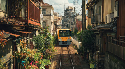 Naklejka premium Train moving through urban landscape with traditional houses on either side, trees and plants lining the tracks under a blue sky with clouds.