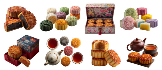 Set of snow skin snow skin colourful and traditional mooncake, Chinese Mid-Autumn Festival pastry, stack broken slice half, gift box platter oriental tea set, on transparent cutout PNG. Mockup design