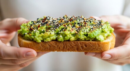 A delectable avocado toast, topped with a medley of seeds and spices, is held delicately by hands.
