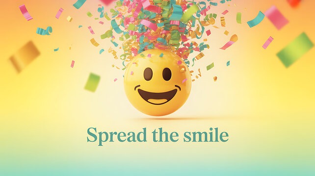 A smiling emoji with colorful confetti bursting from the top, set against a vibrant gradient background with the text 'Spread the smile'. - Powered by Adobe
