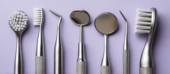 Row of dental tools and toothbrushes on lavender backdrop, close-up