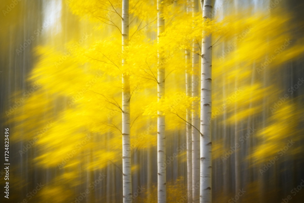Poster abstract motion-blurred birch trees with vibrant yellow foliage in a forest background captured in s