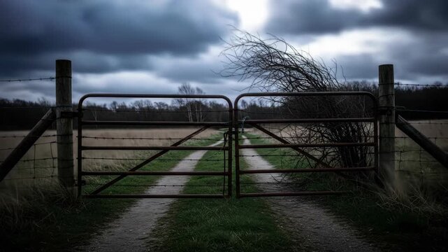 Rusty gate blocks a rural path under a dramatic sky, leading to landscape view in nature. Dark moody tone with a rustic field and path.