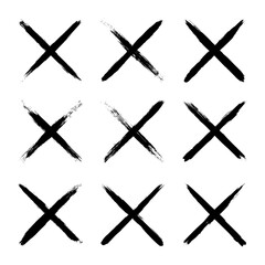 Obraz premium Grunge crosses, brush strokes, x mark, lines, ink smudges, hand-drawn scribble shapes. Handmade sketchy marks, acrylic stains, charcoal streaks. Paint textures, dry brush effect. Vector illustration