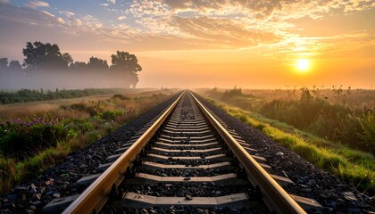 Obraz premium Sunrise over misty railway tracks