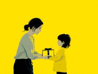 mother giving her child a wrapped gift