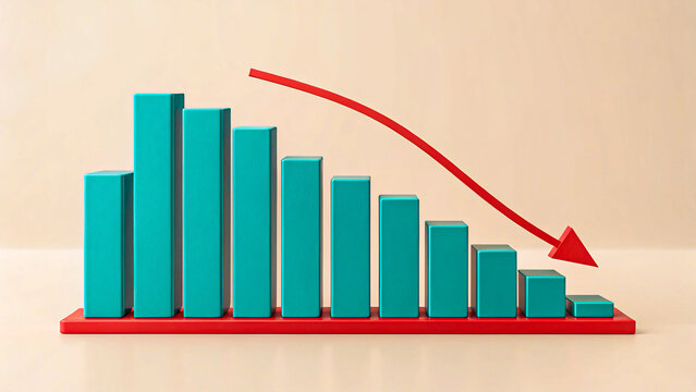 Dramatic downward trend visualized with teal bars and a sharp red arrow indicating financial decline and economic challenges