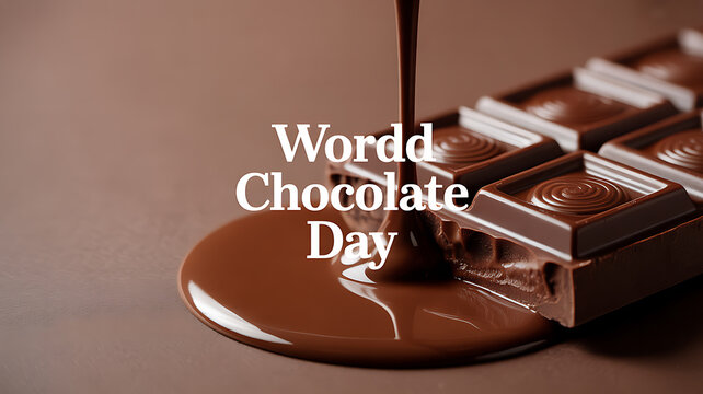 Melted chocolate pouring over a chocolate bar with text 'World Chocolate Day' - Powered by Adobe