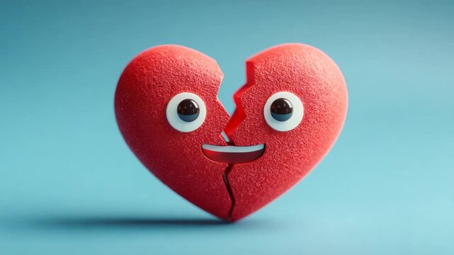 A 3D rendered, red, textured heart, split in two, with cartoon eyes and a small smile.  It sits against a pale teal/baby blue background.  The heart's texture is a slightly rough, bumpy appearance