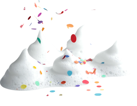Whipped cream topped with colorful sprinkles, in a mountain-like shape, with more sprinkles falling around