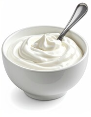 A white bowl filled with creamy, swirled sour cream, a spoon rests on top against a pure white background
