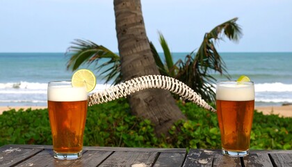 Two beers on a beach table