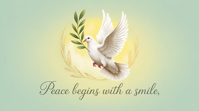 White dove holding olive branch with inspirational quote on soft background