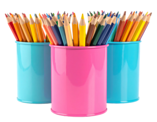 Colorful pencils in three decorative containers