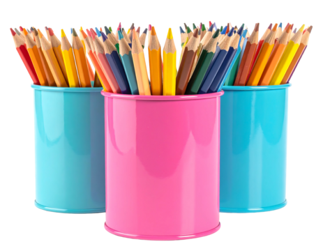 Colorful pencils in three decorative containers