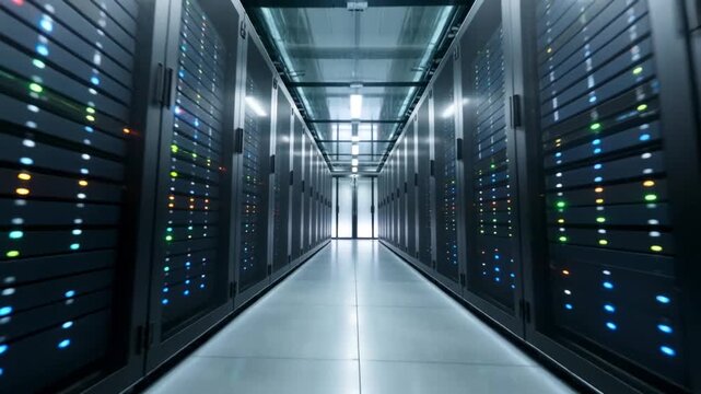 Long Aisle of Modern Server Racks in a High-Tech Data Center