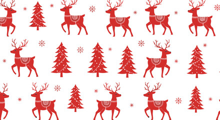 Festive red reindeer and pine trees seamless holiday pattern.