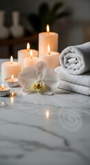 A serene spa scene featuring warm white candles, a delicate orchid, and rolled towels on a polished marble surface.