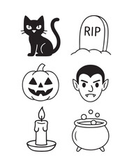 Set of Halloween illustrations: black cat, Jacko'Lantern, cauldron with potion, Count Dracula, grave