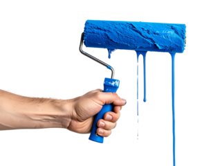Hand holding a paint roller dripping with blue paint