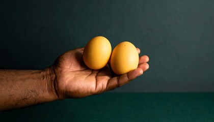 Two pale yellow eggs held in a hand