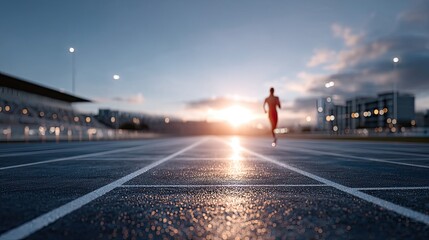 Athlete Runs on Illuminated Track at Sunset Cinematic Lighting Dark Track Underneath Cityscape and Stadium in Background