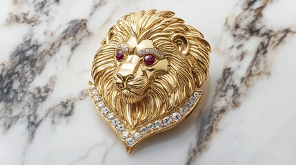 Naklejka premium Regal lion head brooch in gold with ruby eyes and diamond details set on a marble surface embodying strength and luxury ideal for making a bold statement accessory