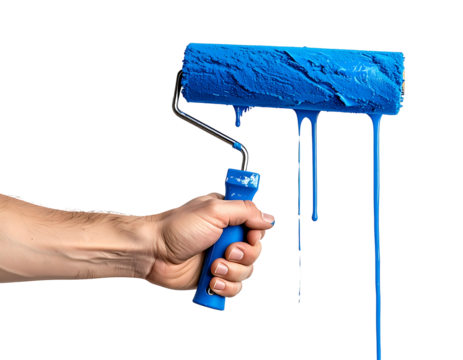 Hand holding a paint roller dripping with blue paint
