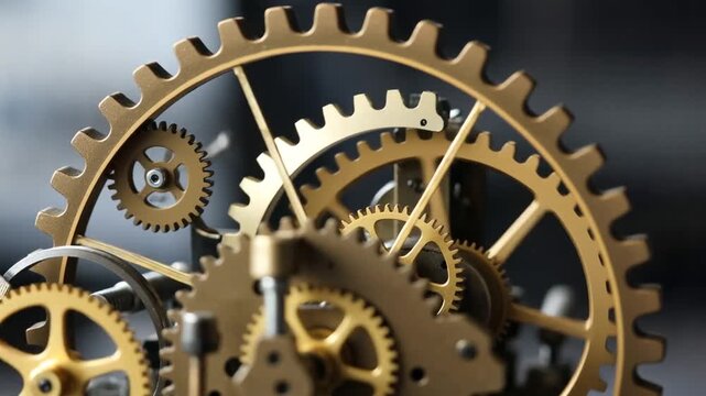 Intricate Clockwork Mechanism with Various Golden Gears Interlocking