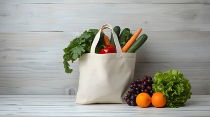 Eco friendly reusable cotton bag filled with fresh organic vegetables and fruits including lettuce, carrots, cucumber, pepper, grapes and oranges on wooden background promoting healthy lifestyle