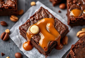 Rich, decadent chocolate brownies with macadamia nuts and salted caramel sauce, nut dessert, sauce