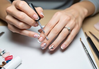 A manicurist applies a delicate silver nail polish to a beautifully designed, decorated french manicure.