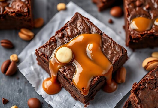 Rich, decadent chocolate brownies with macadamia nuts and salted caramel sauce, nut dessert, sauce - Powered by Adobe