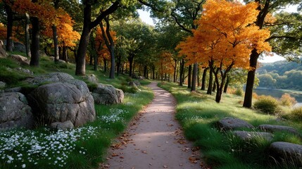 Autumn Forest Path with Cinematic Hdr Lighting and Seasonal Landscape Featuring Vibrant Trees Flowers and Rocks with a Winding Pathway