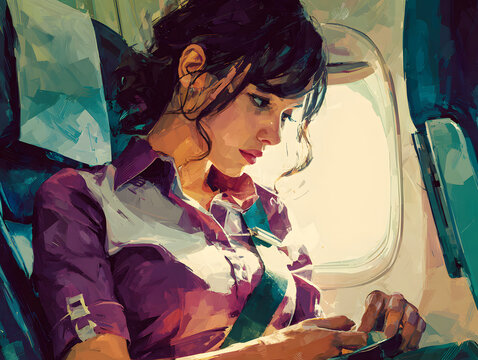woman fastening her seatbelt in an airpl